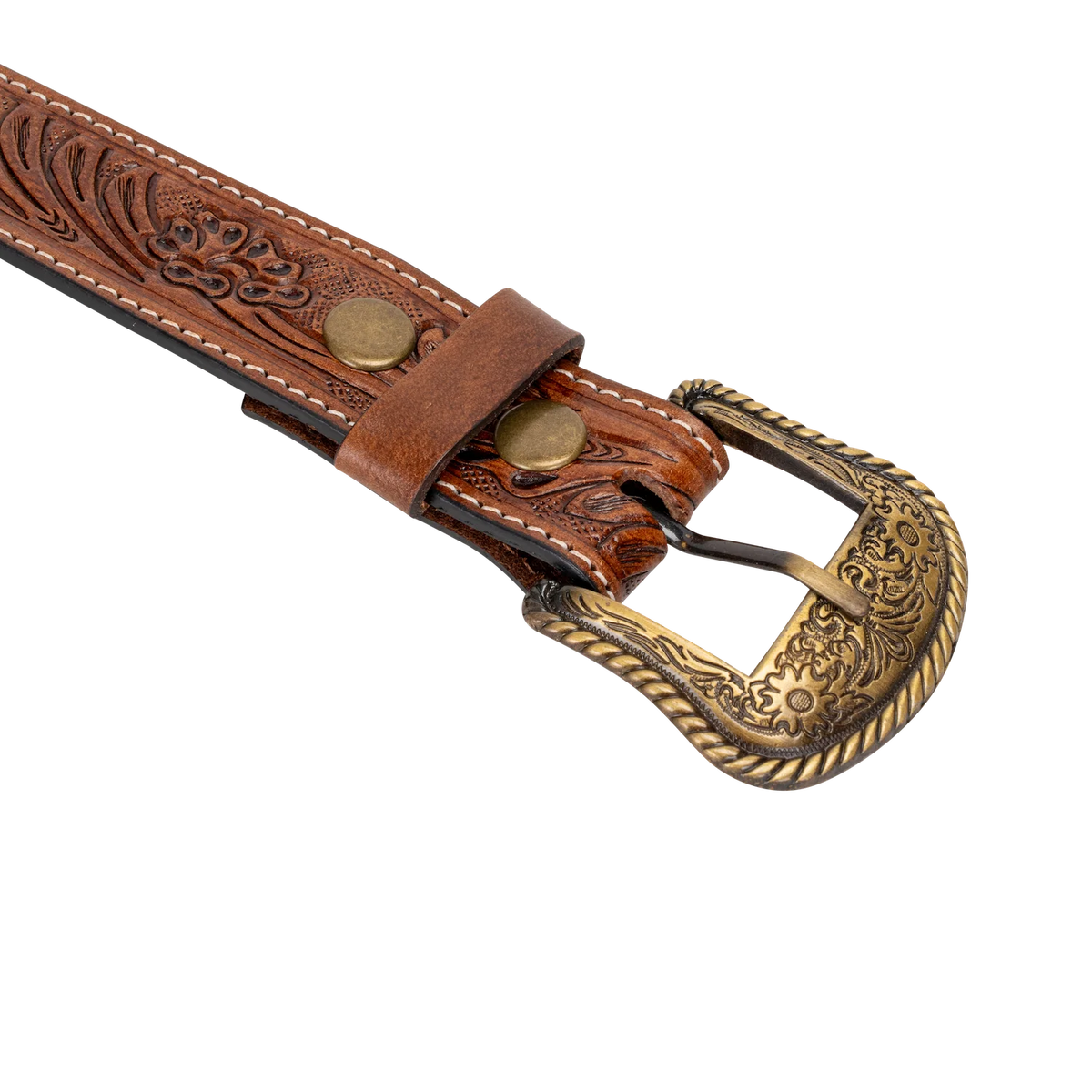 Embossed Leather Belt - Light Brown - With Western Style Buckle