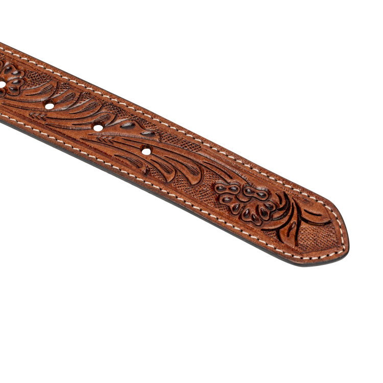 Embossed Leather Belt - Light Brown - With Western Style Buckle