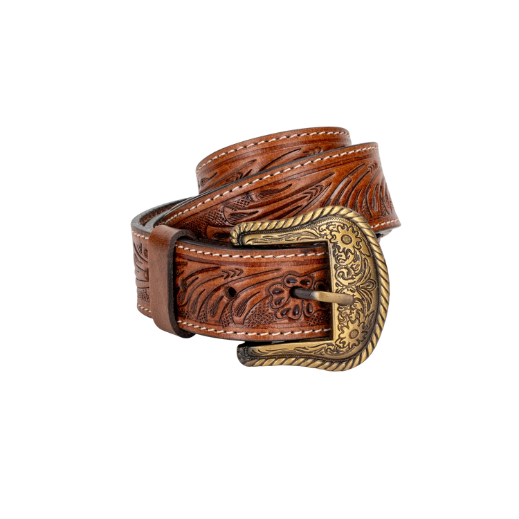 Embossed Leather Belt - Light Brown - With Western Style Buckle