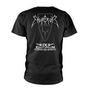 Black t-shirt with white graphic design and text on a white background