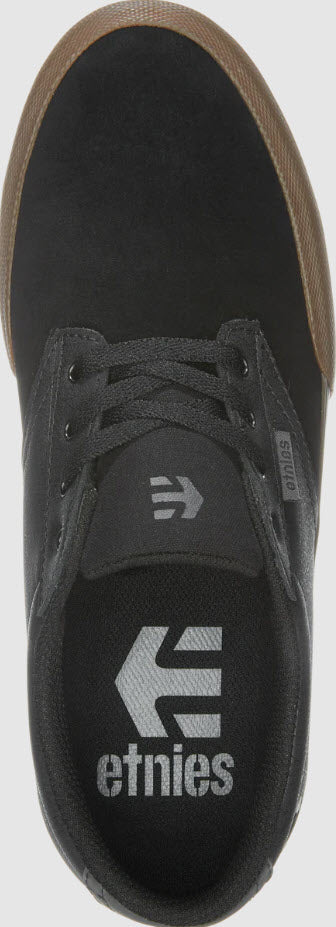 Etnies Jameson Vulc BMX shoe in black and gum color, featuring a vulcanized sole and a low toe box design.
