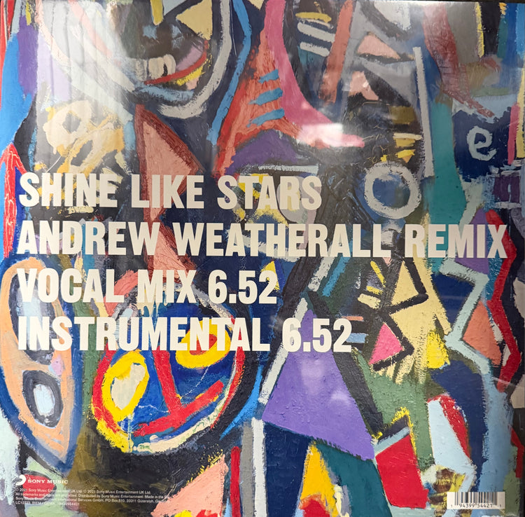 Album cover artwork featuring a colorful abstract painting with large white text reading 'SHINE LIKE STARS ANDREW WEATHERALL REMIX VOCAL MIX 6.5.