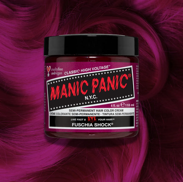 Manic Panic hair color jar on a pink background
