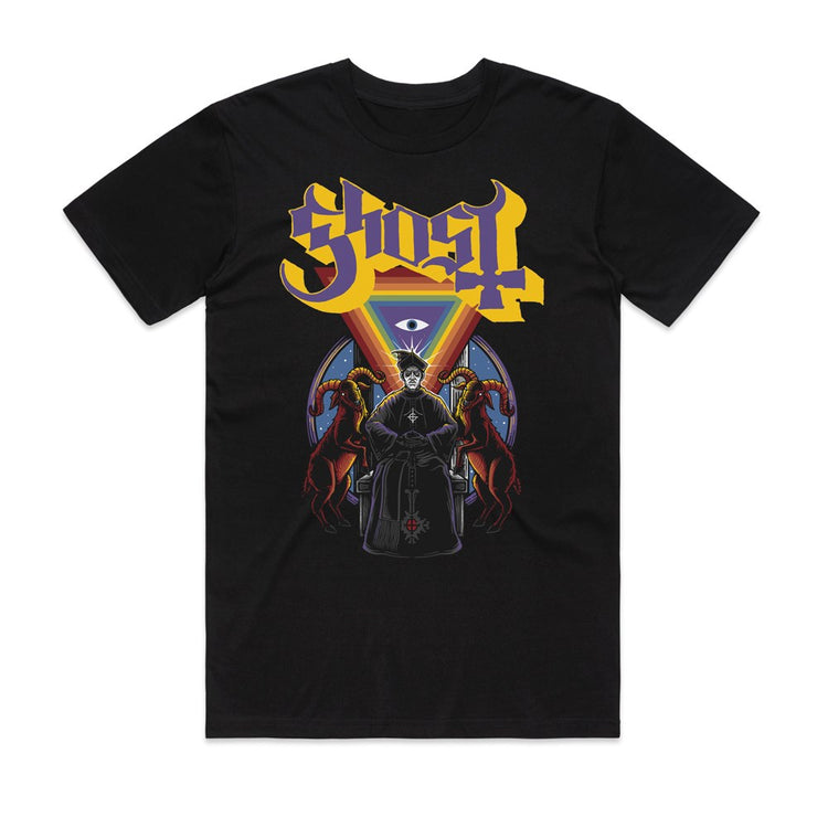 Black t-shirt with a graphic design featuring a central figure and 'Ghost' logo on a white background