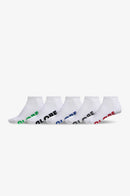 Set of six white socks with brand logos on a white background