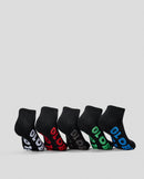 Set of six black socks with colorful branding on a light gray background