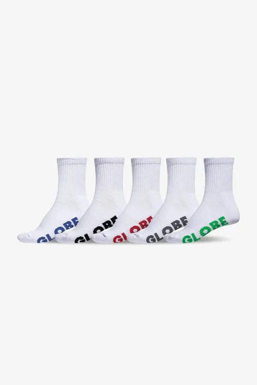Five white socks with 'GLOBE' branding on a white background