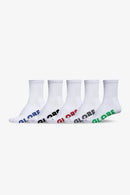 Five white socks with 'GLOBE' branding on a white background