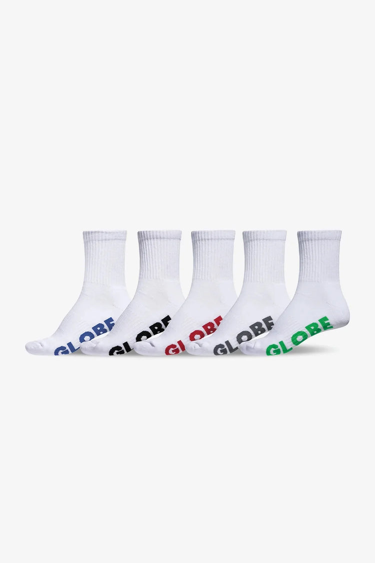 Five pairs of white socks with 'GLOBE' branding on a white background