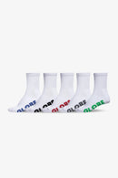 Five pairs of white socks with 'GLOBE' branding on a white background