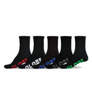Set of black socks with colorful branding on a white background