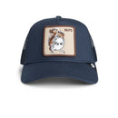 Navy blue cap with a squirrel patch and 'NUTS' text on a white background