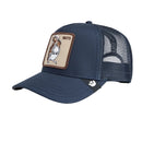 Navy blue trucker cap with a patch on a white background