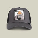 Gray trucker cap with a gorilla patch and 'BOSS' text on a beige background