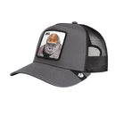 Gray trucker cap with a gorilla patch on a beige background