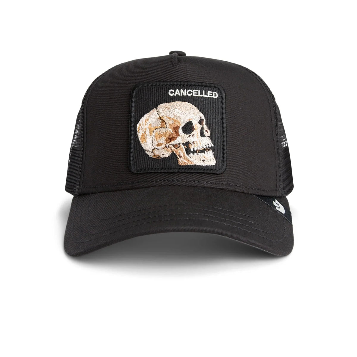Black cap with skull patch and 'CANCELLED' text on a white background