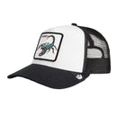 Black and white cap with a scorpion patch on a beige background