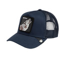 Navy blue trucker cap with a wolf patch on a white background