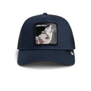 Navy blue cap with a wolf patch and 'Lone Wolf' text on a white background