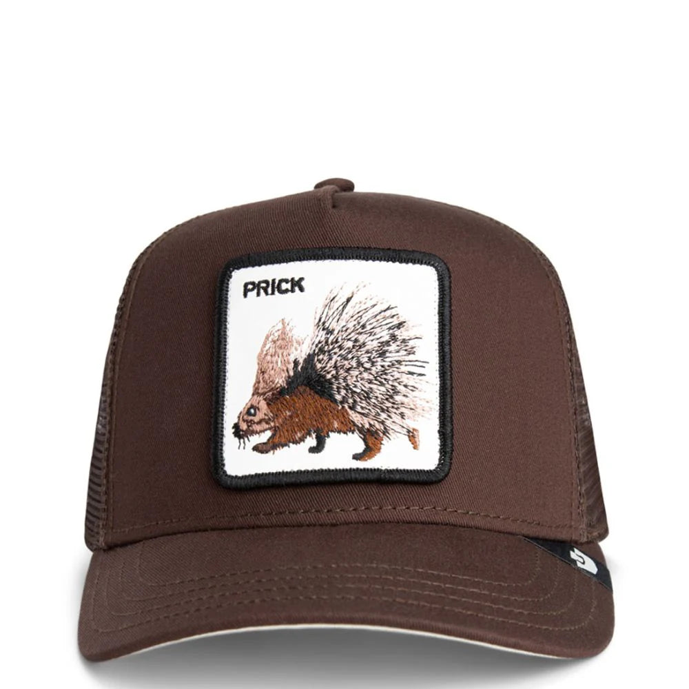 Brown cap with a porcupine patch and 'PRICK' text on a white background
