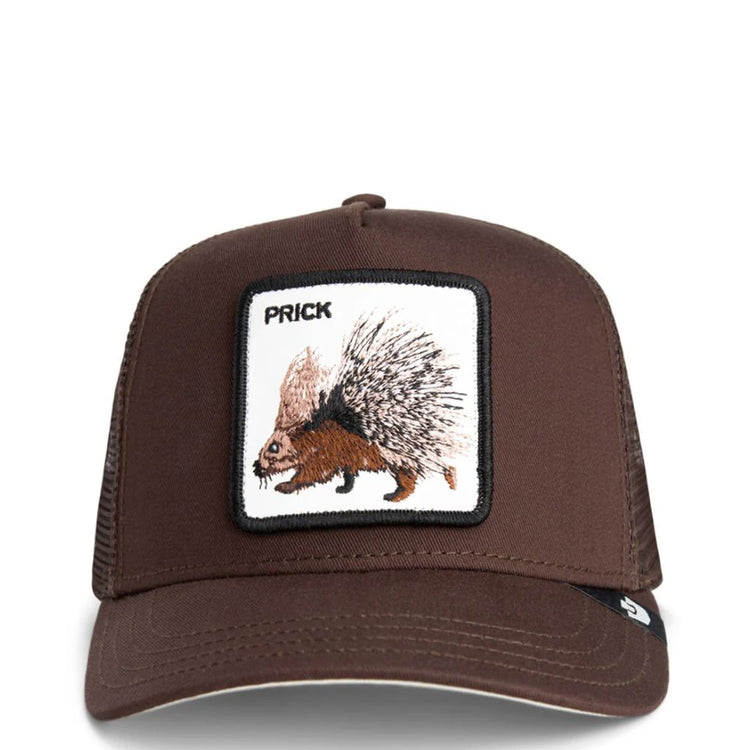 Brown cap with a porcupine patch and 'PRICK' text on a white background
