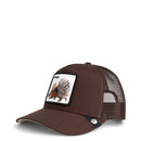 Brown trucker cap with a patch featuring a bear and pine cone on a white background