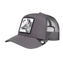 Gray mesh cap with a black and white fox patch on a beige background