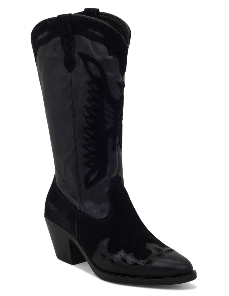 A black suede boot with a pointed toe, decorative suede leather overlays, and a low heel.