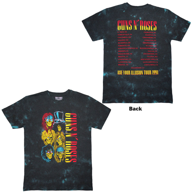 Tie-dye t-shirt with Guns N' Roses design on a white background