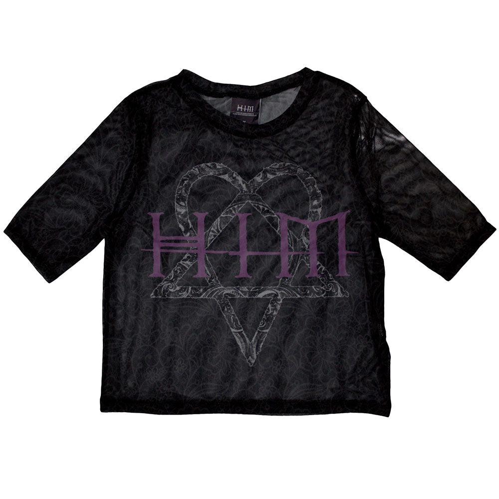 HIM Heartagram & Logo Ladies Crop Top Black Mesh