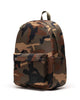 Camouflage-patterned backpack on a white background