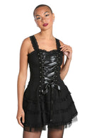 Black corset dress with lace details worn by a model on a white background