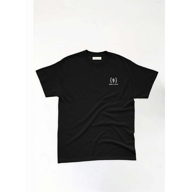 A black crew neck t-shirt laid out flat with a small logo on the upper left side.