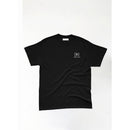 A black crew neck t-shirt laid out flat with a small logo on the upper left side.