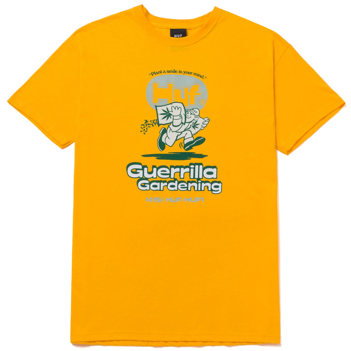 Yellow t-shirt with 'Guerrilla Gardening' graphic design on a white background