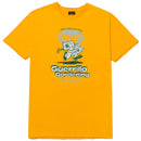 Yellow t-shirt with 'Guerrilla Gardening' graphic design on a white background