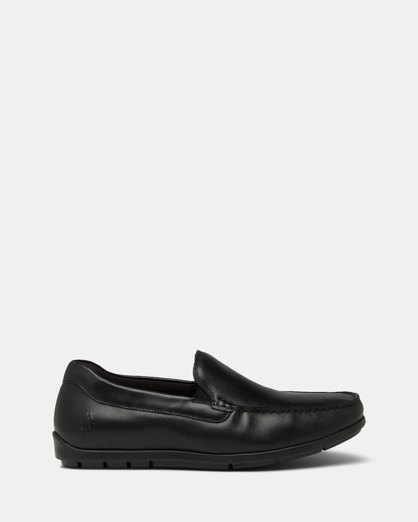 A single black loafer shoe with a rubber outsole, designed for casual wear.