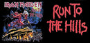 Iron Maiden album cover for 'Run to the Hills' with a warrior figure and fiery background.