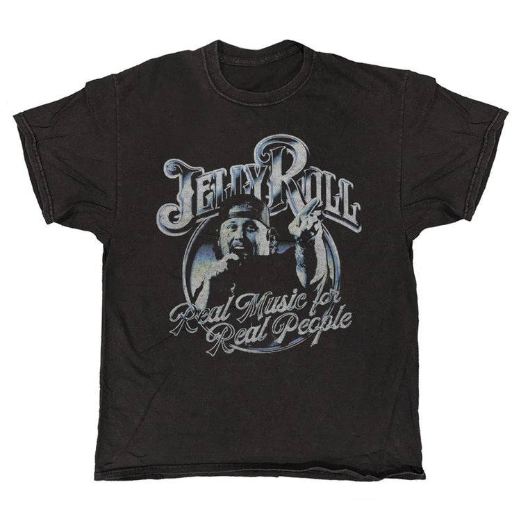 Black t-shirt with 'Jelly Roll' graphic design on a white background