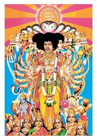 Colorful poster with a central figure Jimi Hendrix surrounded by smaller figures against a vibrant background