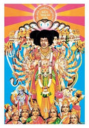Colorful poster with a central figure Jimi Hendrix surrounded by smaller figures against a vibrant background