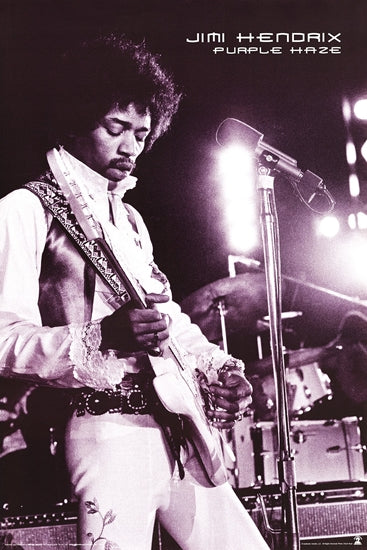 Black and white image of a musician playing guitar on stage with 'Jimi Hendrix' and 'Purple Haze' text.
