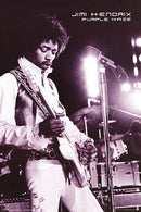 Black and white image of a musician playing guitar on stage with 'Jimi Hendrix' and 'Purple Haze' text.