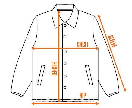 Measurement chart for a jacket with labeled parts and dimensions.