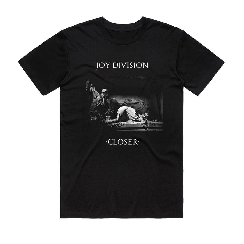 Black t-shirt with 'Joy Division Closer' graphic design on a white background