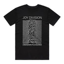 Black t-shirt with Joy Division 'Unknown Pleasures' design on a white background