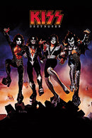 Kiss band members in their iconic costumes with 'Destroyer' album title on a fiery background