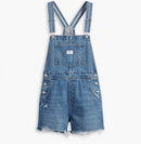 vintage-style blue denim shortalls with adjustable straps and multiple pockets.
