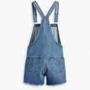 vintage-style blue denim shortalls with adjustable straps and multiple pockets.