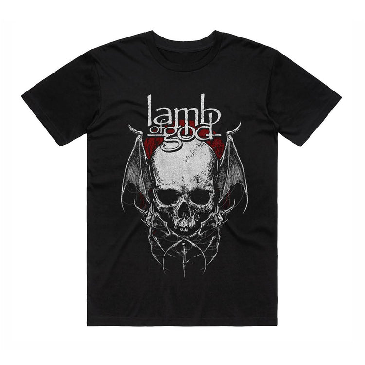 Black t-shirt with a skull and bat design and 'Lamb of God' text on a white background